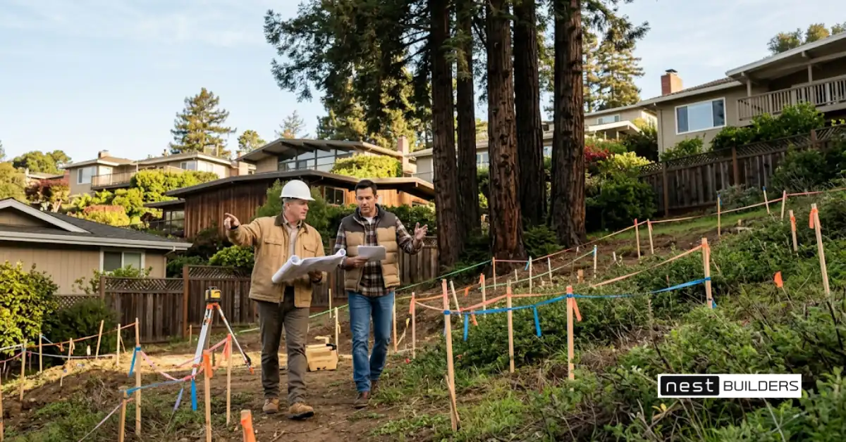 Building a Modular Home in the Bay Area: Lots, Permits and Costs 2 Homeowner and builder walking a sloped Bay Area lot with survey stakes and plans