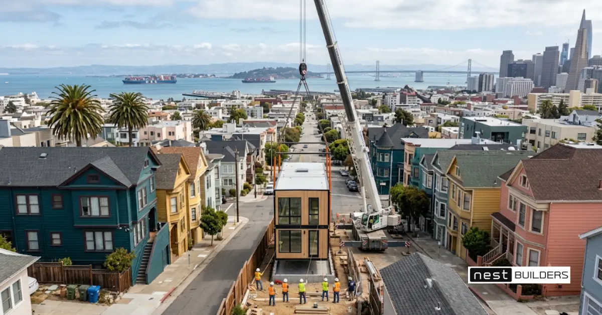 Building a Modular Home in the Bay Area: Lots, Permits and Costs 1 Crane lowering a module onto a small steep lot, typical for modular homes Bay Area builds