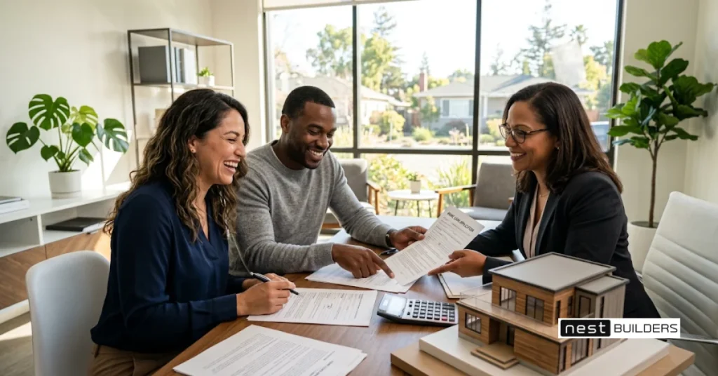 Construction loan for modular home: couple reviewing loan papers with a lender in California