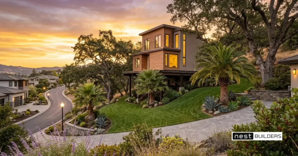 Do modular homes appreciate: modern two-story modular home in a California neighborhood at sunset