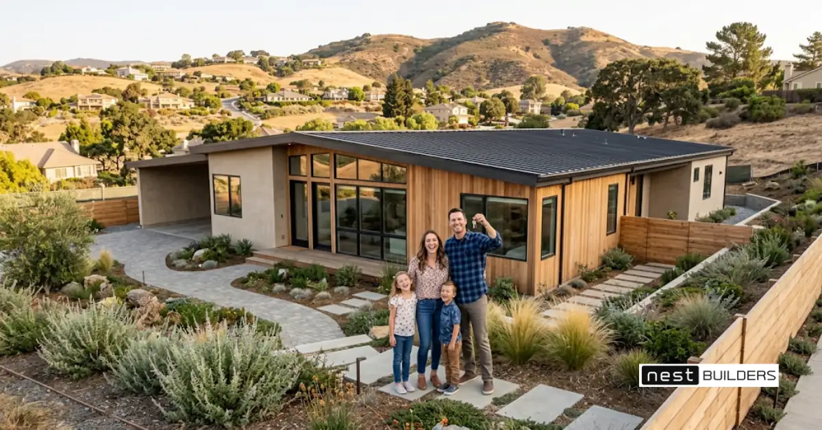 Family holding keys outside a finished modular home paid for with a construction loan for modular home buyers