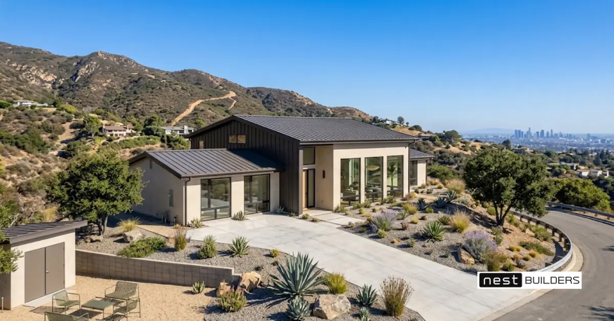 Fire-resistant modular home with stucco and metal roof in the Los Angeles foothills