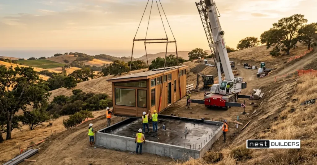 How long does it take to build a modular home: a crane sets a module on a California hillside foundation