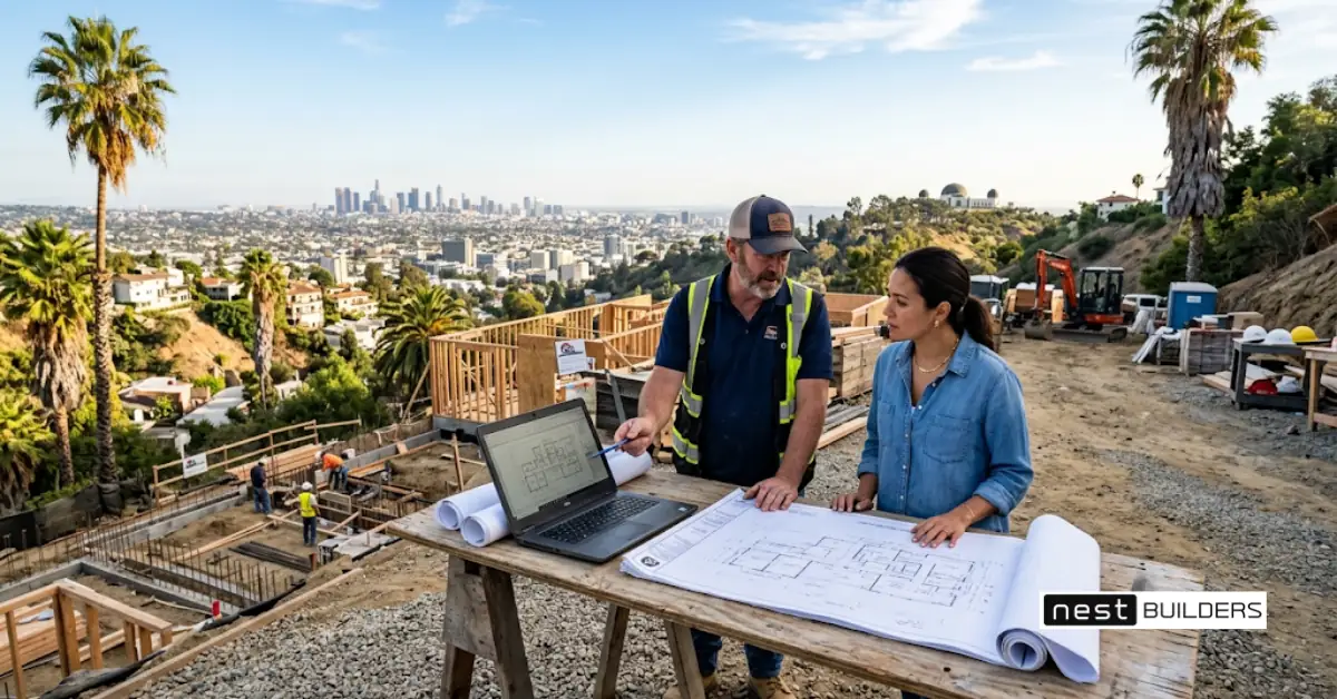 Contractor and homeowner reviewing plans for modular homes Los Angeles hillside lot