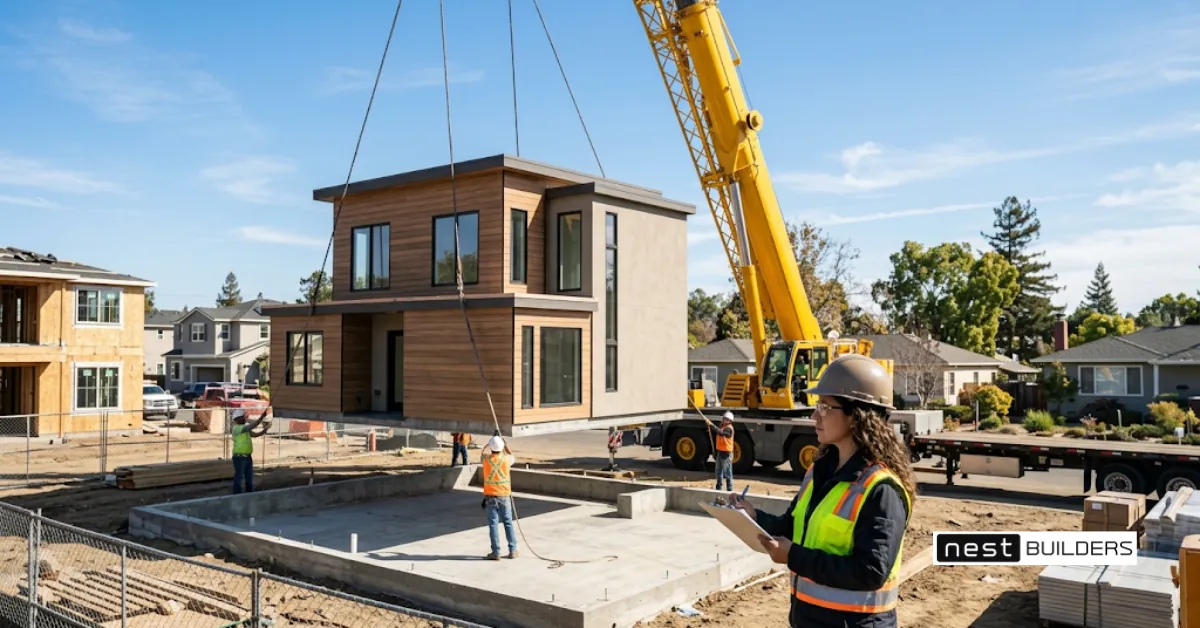 Inspector checking a modular home on set day before the next construction loan draw