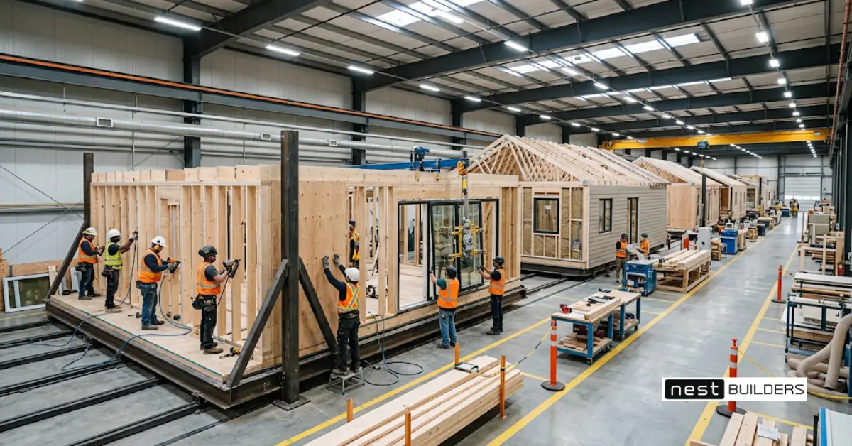 How long does it take to build a modular home: modules at different build stages inside a factory