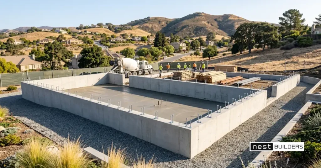 Modular home foundation: new concrete crawl space foundation with anchor bolts on a California lot