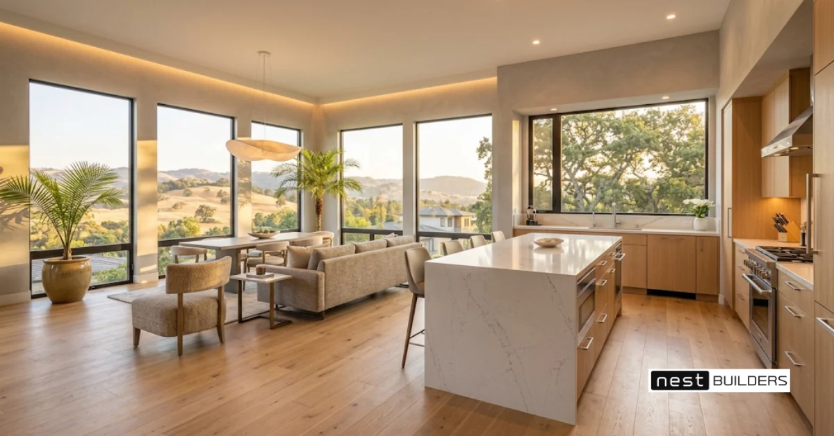 Upscale modular home kitchen with quartz counters and hillside views