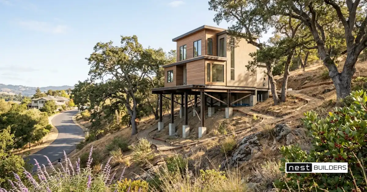 Modular home foundation on piers and beams on a sloped California hillside lot