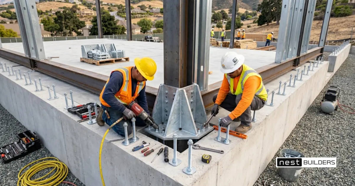 Workers bolting a modular home frame to its foundation with seismic hold-down hardware
