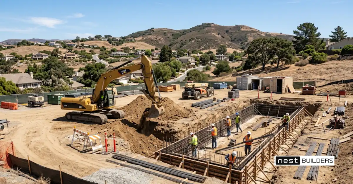 Crew preparing a concrete foundation on a California lot while modules are built off site