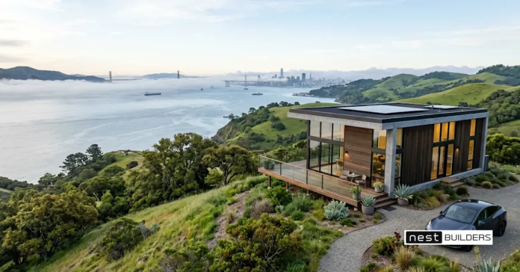 Modular homes Bay Area: modern modular home on a hillside above the bay in morning fog