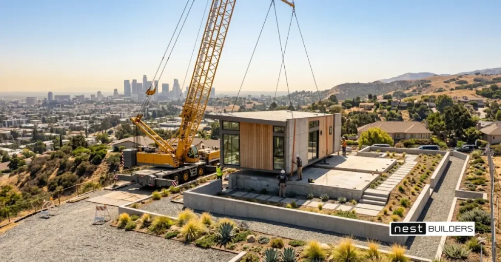 Modular homes Los Angeles: crane setting a modular home on a hillside lot with the LA skyline behind