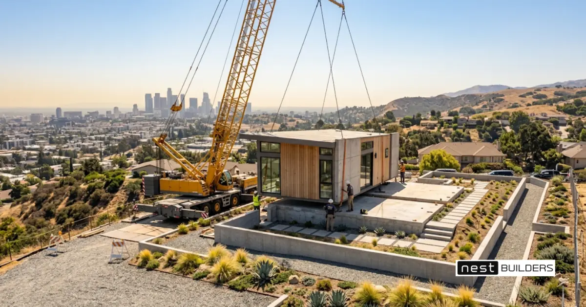 Modular homes Los Angeles: crane setting a modular home on a hillside lot with the LA skyline behind