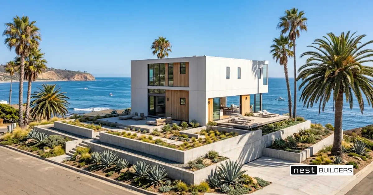 Modular homes San Diego: coastal modular home with ocean view and palm trees