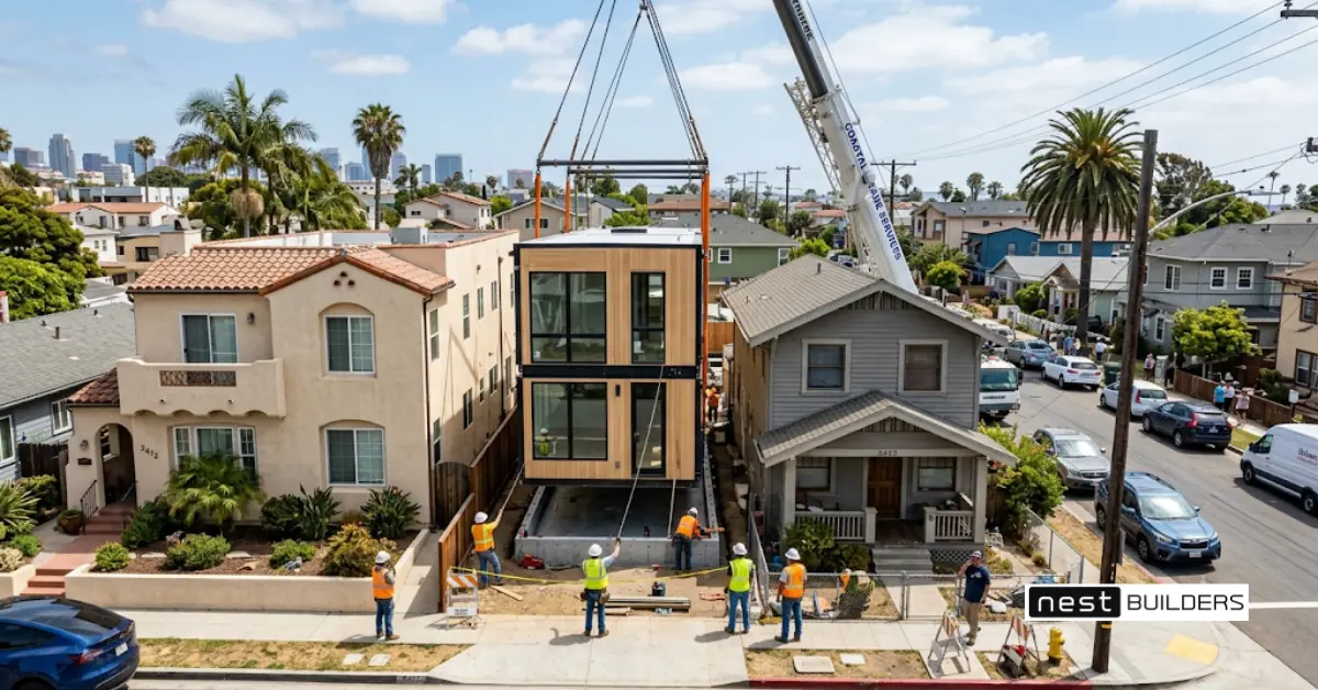 Crane setting a module on a narrow infill lot, a common case for modular homes San Diego