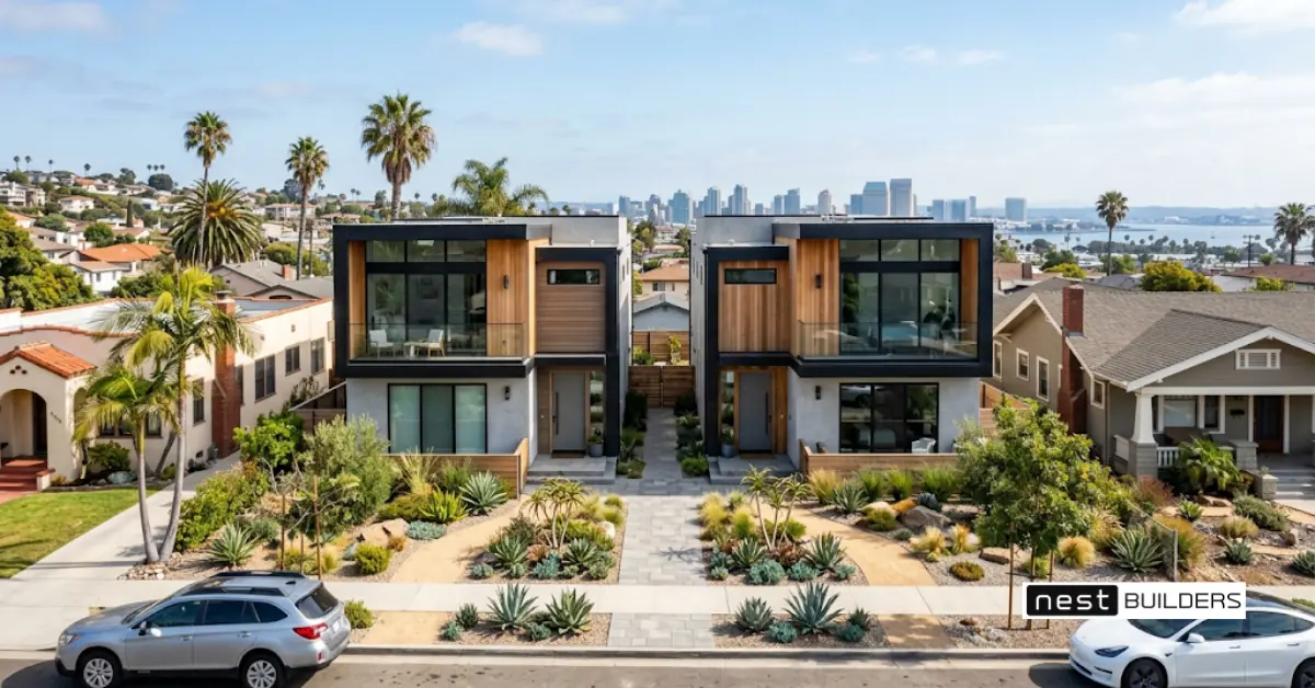 Modern modular duplex built under SB 9 in a San Diego neighborhood